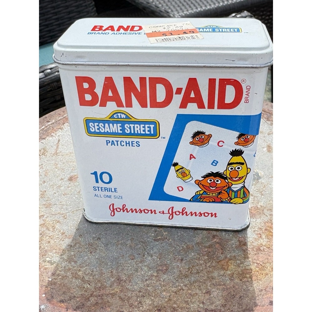 Vintage 1991 Johnson & Johnson Band-Aid Sesame Street Tin With 3 Band-Aids